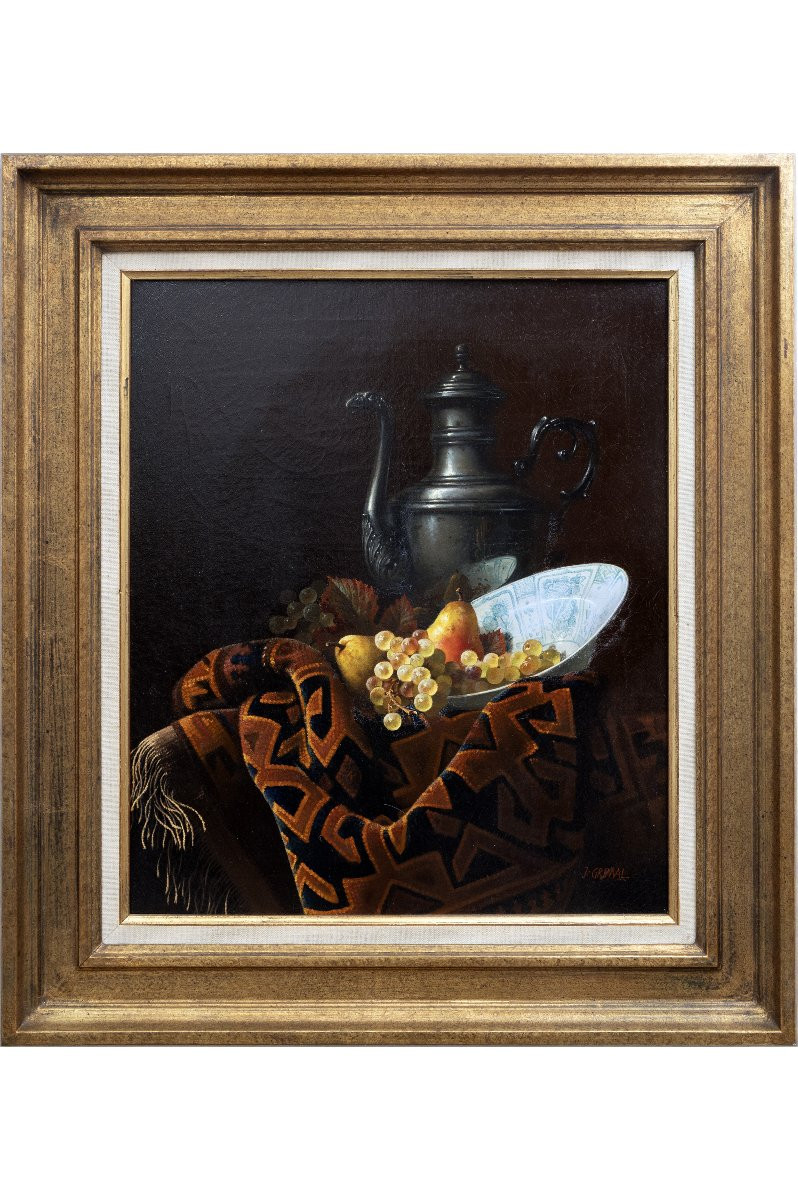 Jean GRIMAL – Composition aux fruits, au tapis et à l'aiguière – Huile sur toile – Signée - XXe-photo-2