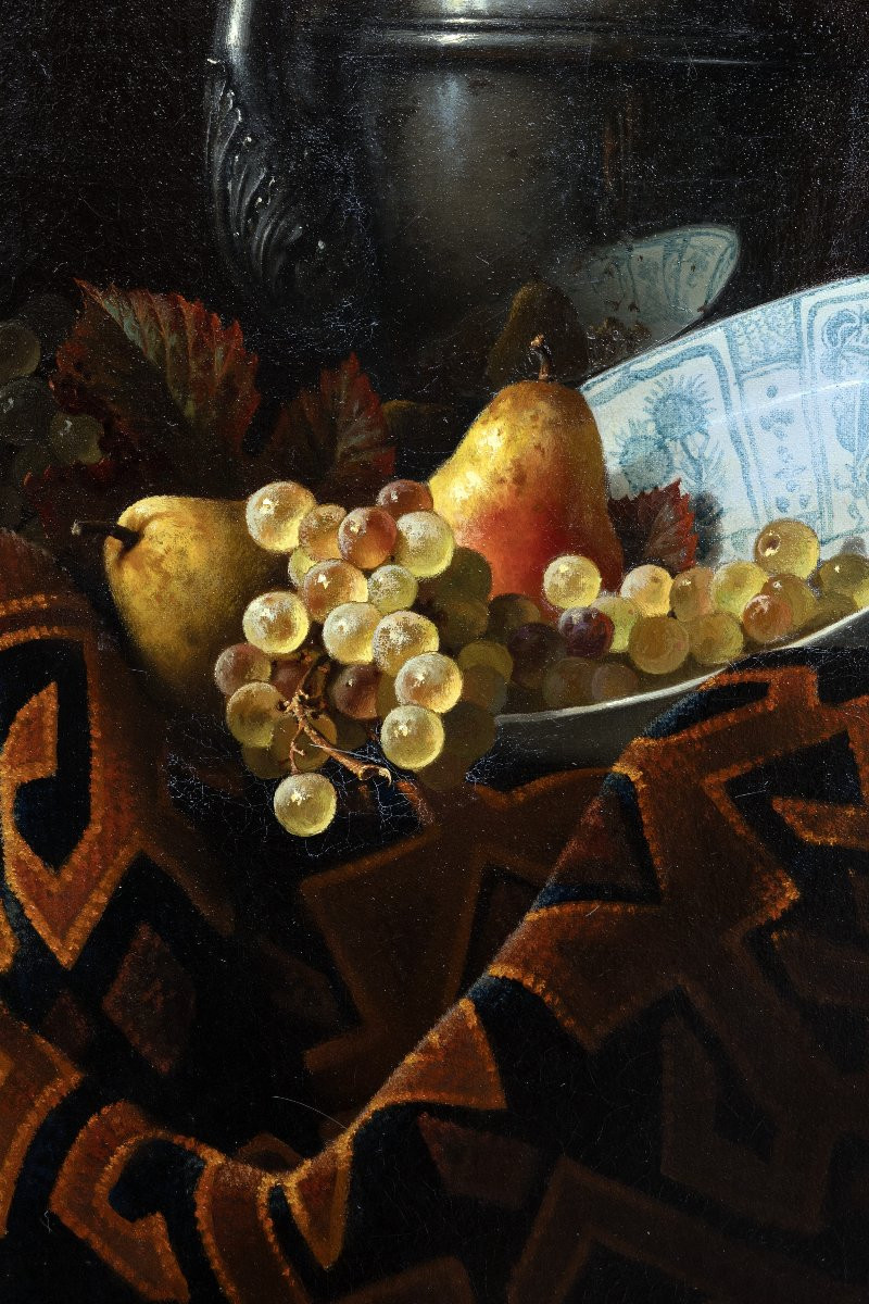Jean GRIMAL – Composition aux fruits, au tapis et à l'aiguière – Huile sur toile – Signée - XXe-photo-1