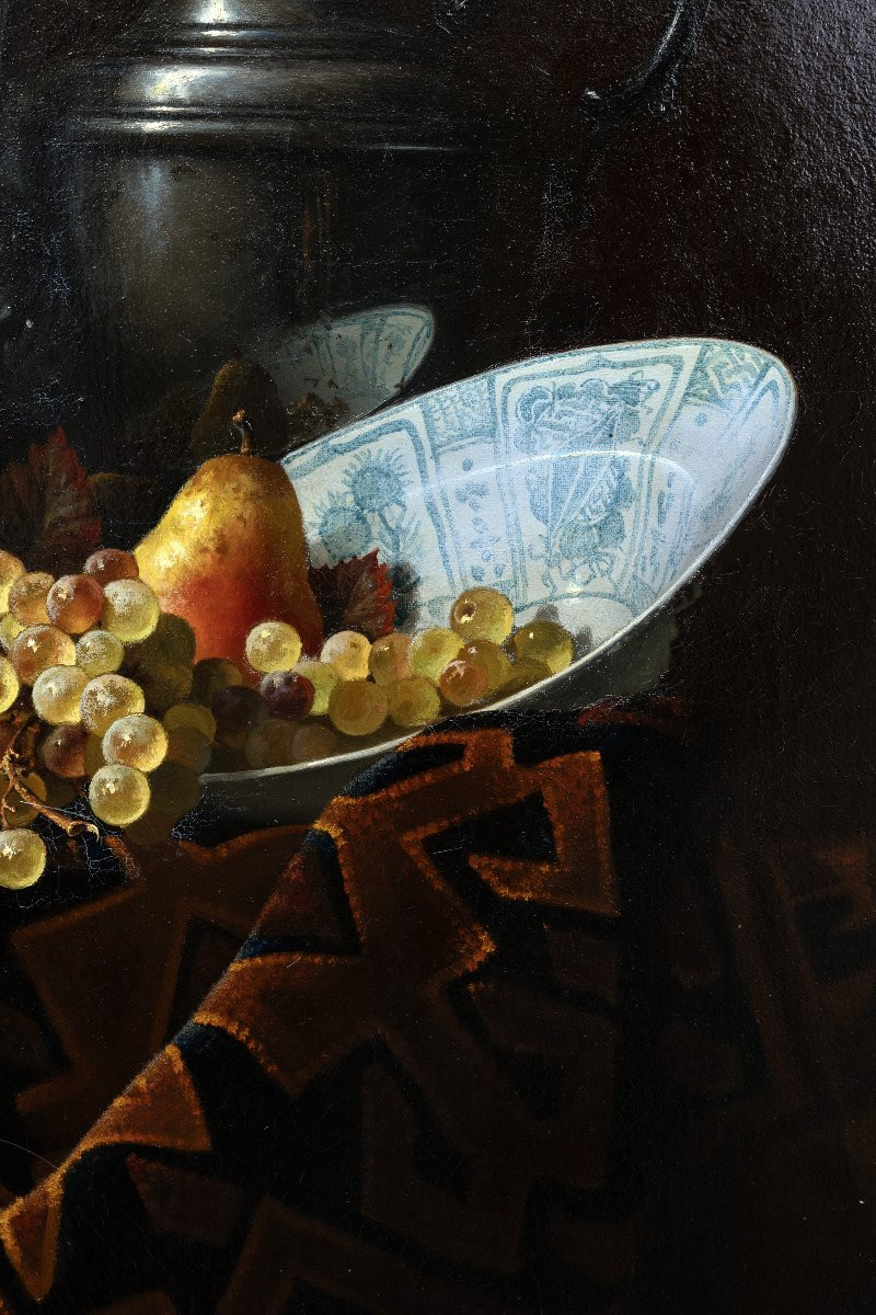 Jean GRIMAL – Composition aux fruits, au tapis et à l'aiguière – Huile sur toile – Signée - XXe-photo-3