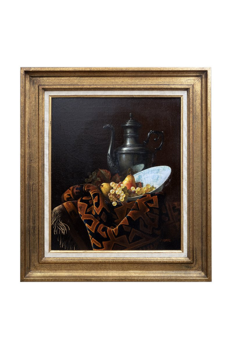 Jean GRIMAL – Composition aux fruits, au tapis et à l'aiguière – Huile sur toile – Signée - XXe-photo-6