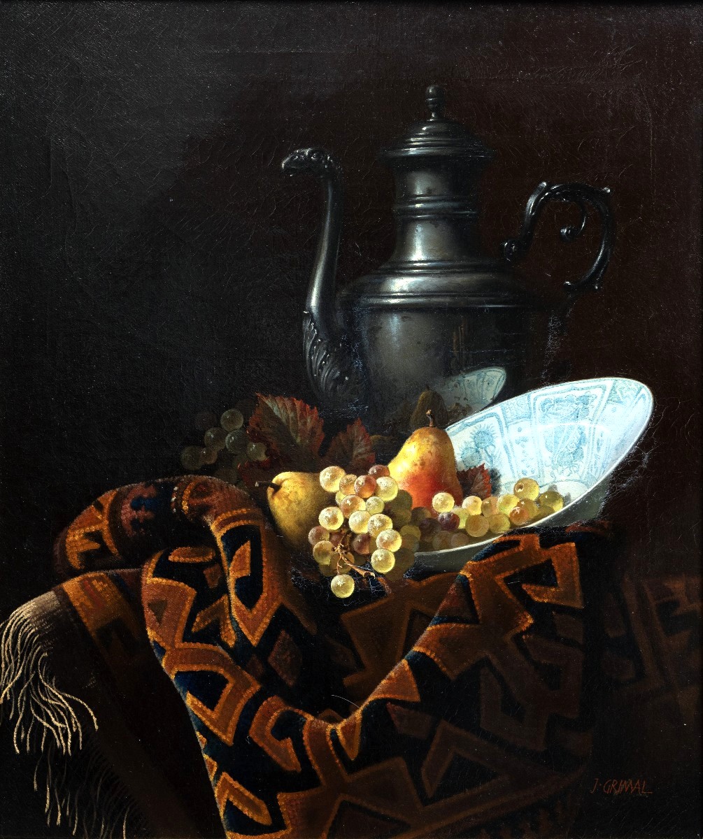 Jean GRIMAL – Composition aux fruits, au tapis et à l'aiguière – Huile sur toile – Signée - XXe
