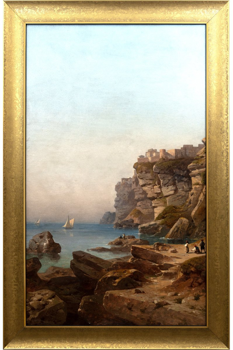 Antoine Claude Ponthus-cinier - Amalfi Coast With Cliffs And Figures - Oil On Canvas-photo-2