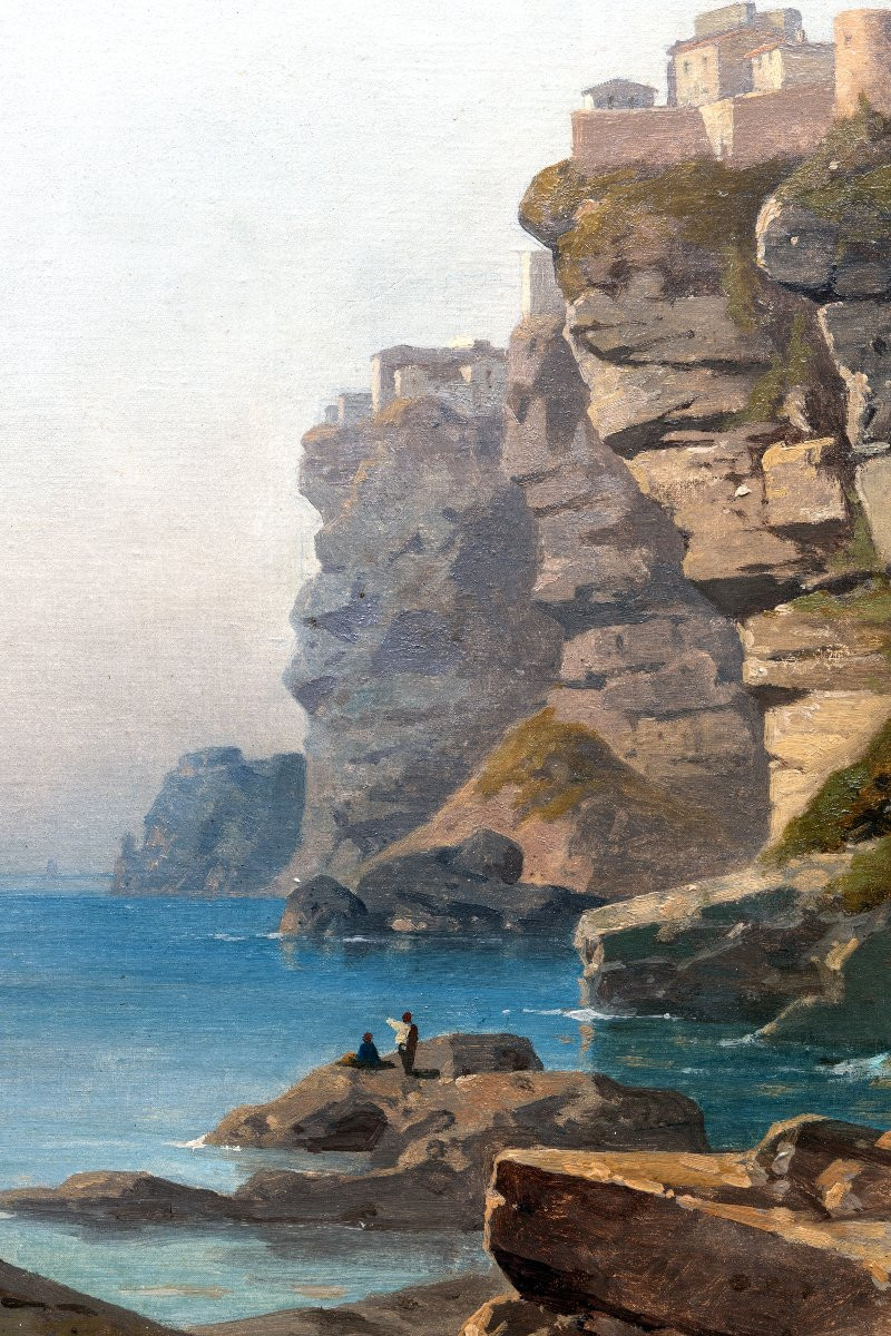 Antoine Claude Ponthus-cinier - Amalfi Coast With Cliffs And Figures - Oil On Canvas-photo-3