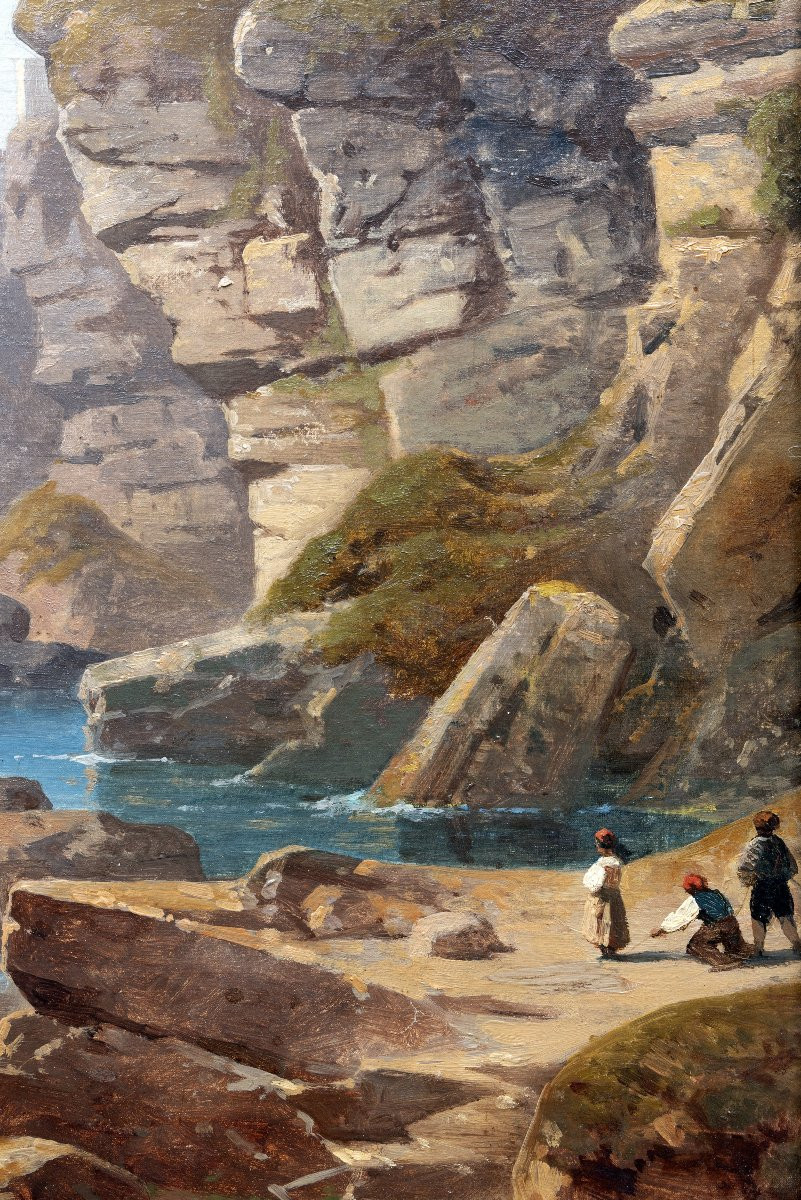 Antoine Claude Ponthus-cinier - Amalfi Coast With Cliffs And Figures - Oil On Canvas-photo-4