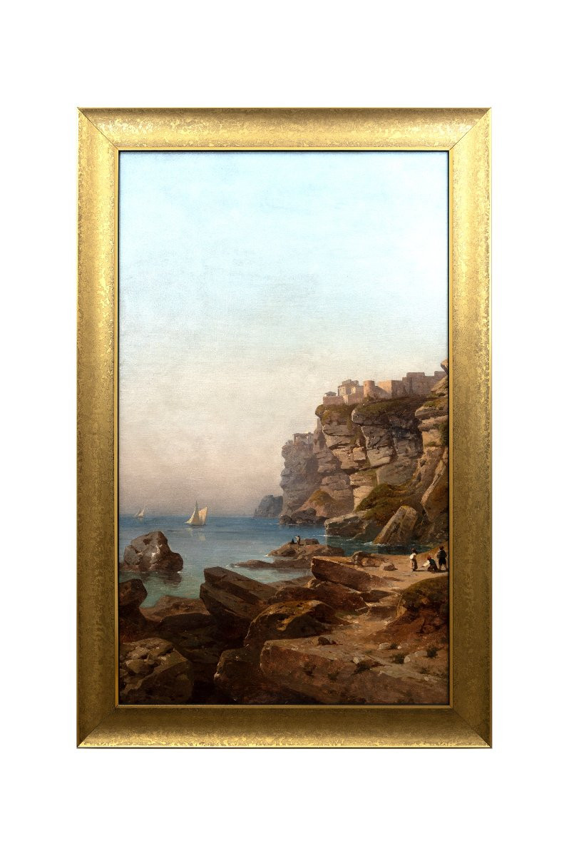 Antoine Claude Ponthus-cinier - Amalfi Coast With Cliffs And Figures - Oil On Canvas-photo-7