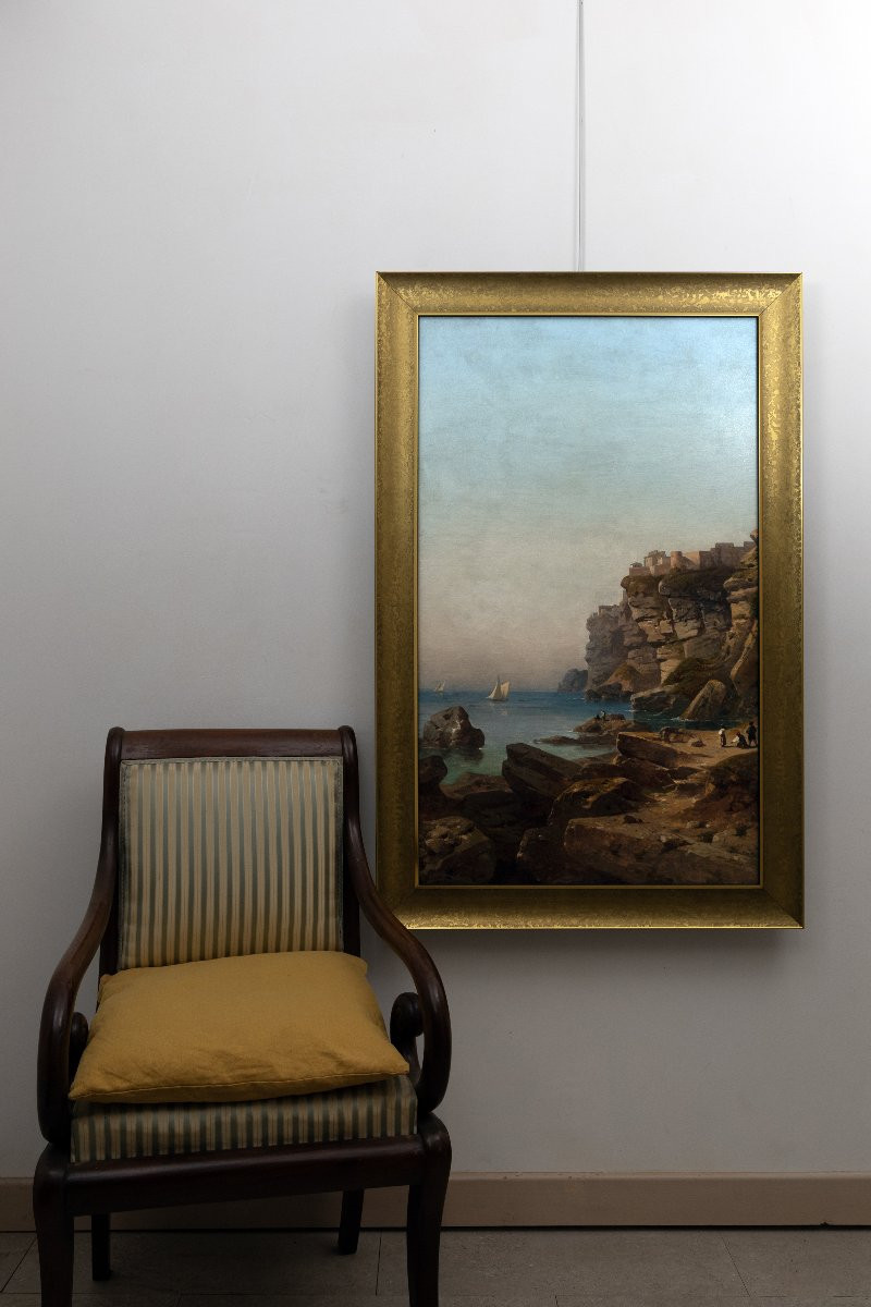 Antoine Claude Ponthus-cinier - Amalfi Coast With Cliffs And Figures - Oil On Canvas-photo-8