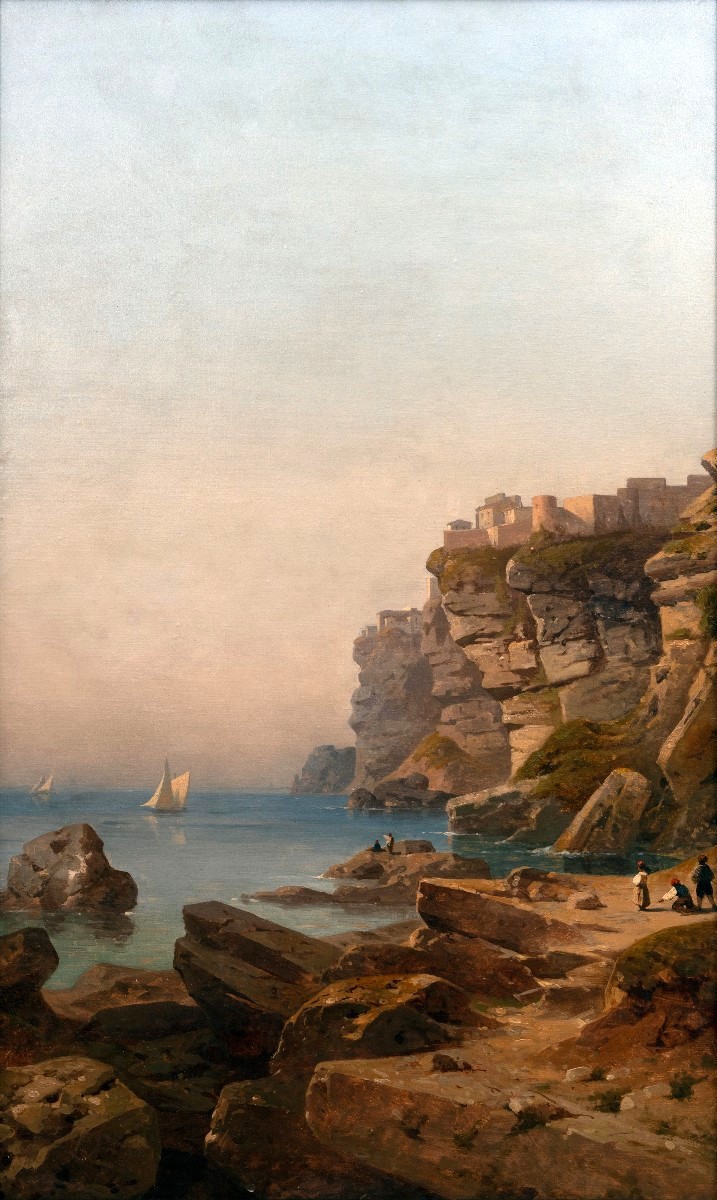 Antoine Claude Ponthus-cinier - Amalfi Coast With Cliffs And Figures - Oil On Canvas