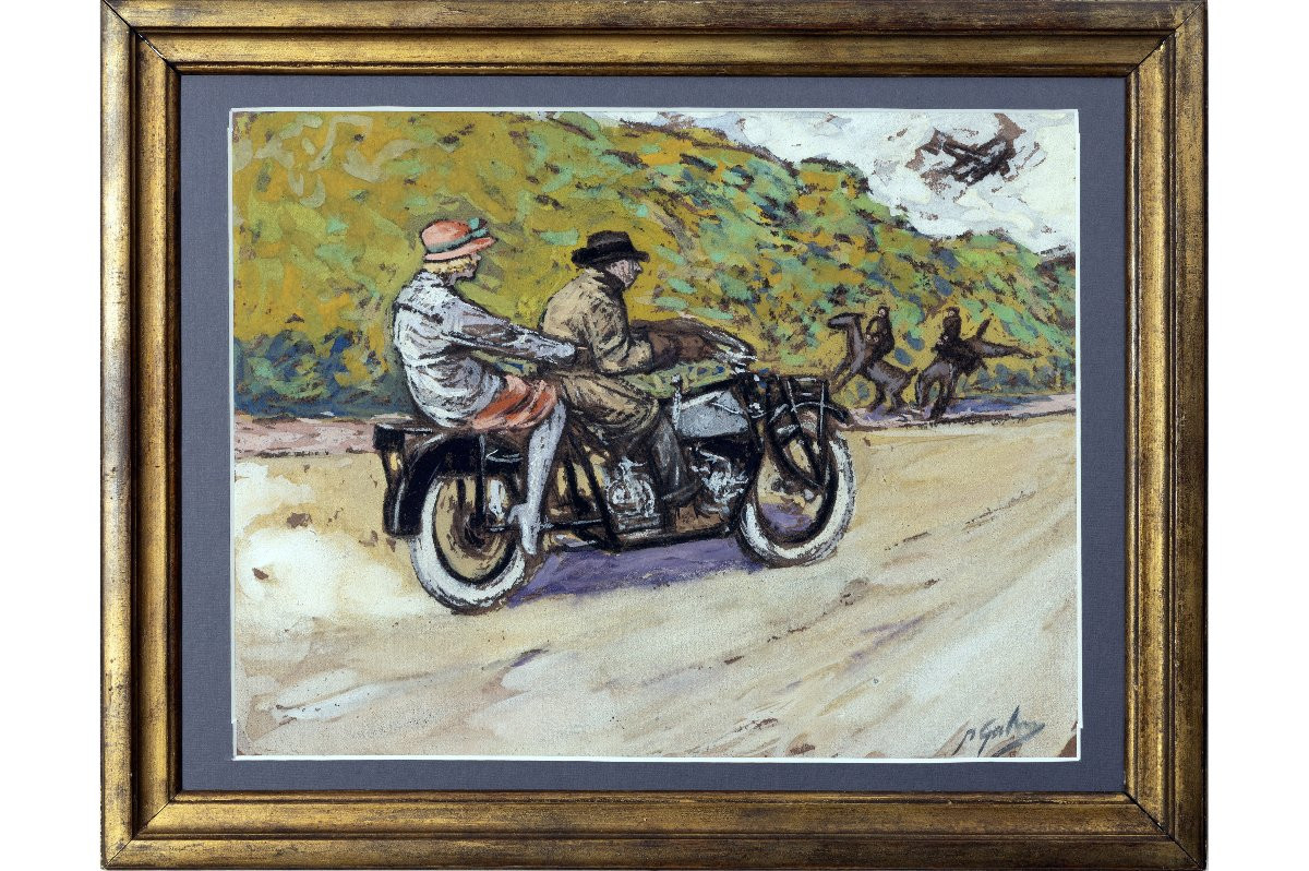 Pierre GATIER – Motocycliste et sa passagère sur la route – Gouache –  Vers 1925 -photo-2