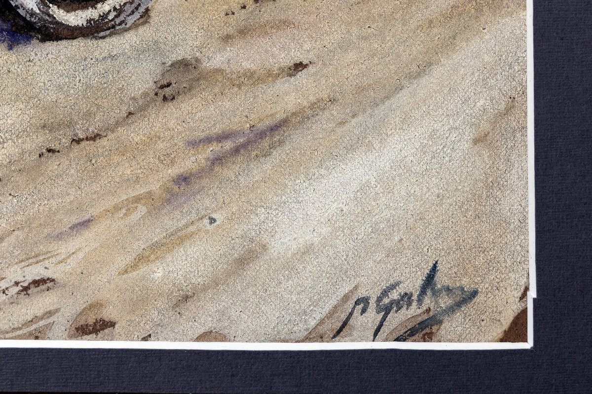 Pierre GATIER – Motocycliste et sa passagère sur la route – Gouache –  Vers 1925 -photo-3