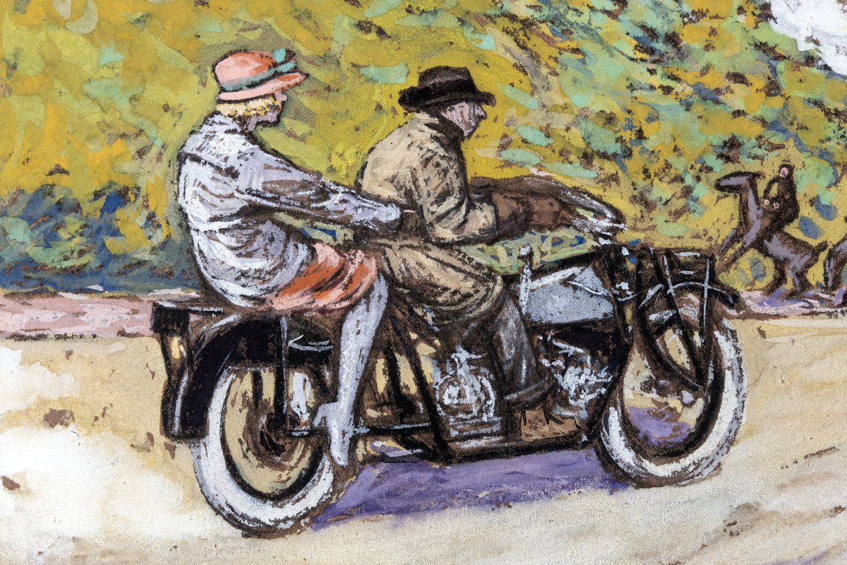 Pierre GATIER – Motocycliste et sa passagère sur la route – Gouache –  Vers 1925 -photo-1
