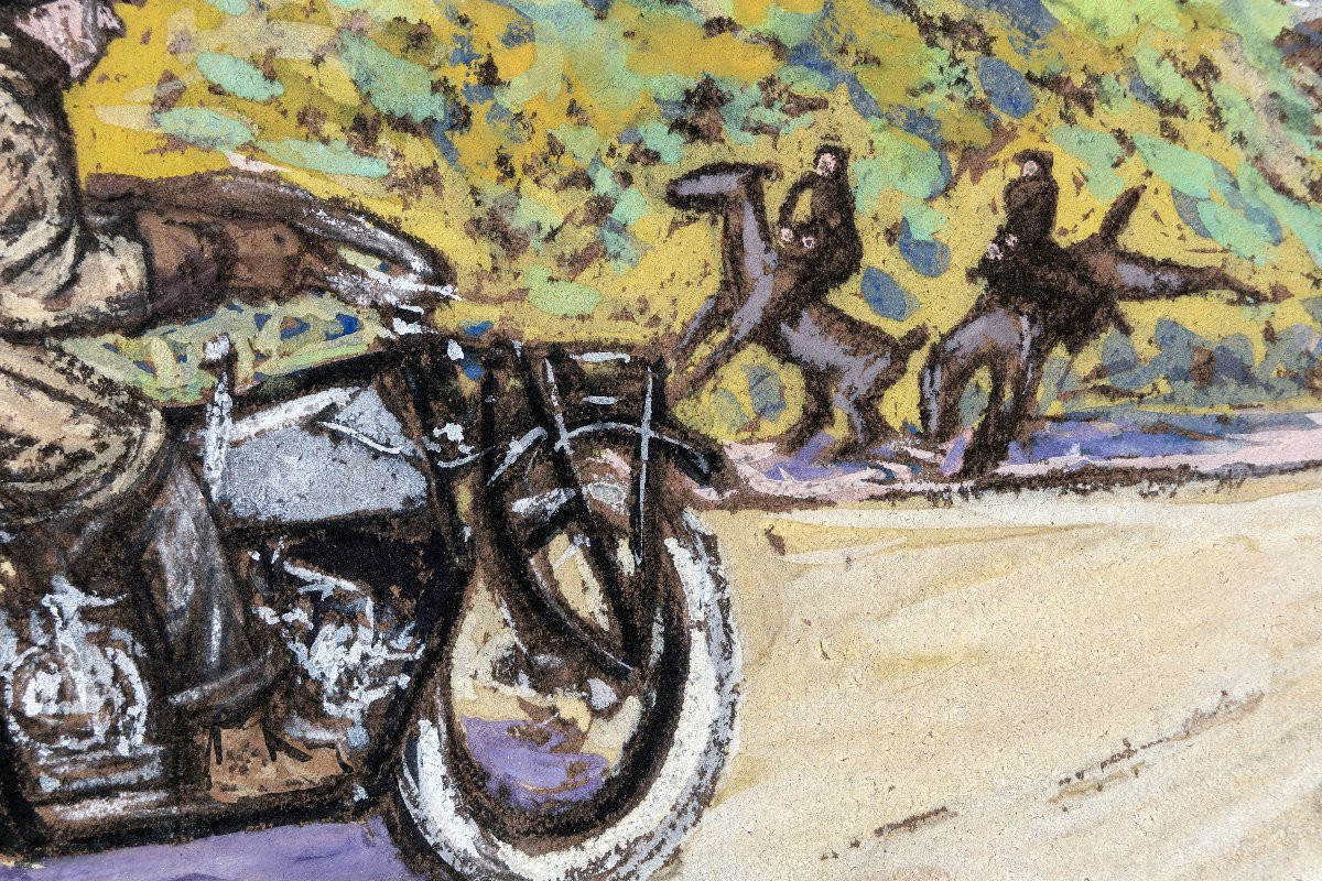 Pierre GATIER – Motocycliste et sa passagère sur la route – Gouache –  Vers 1925 -photo-2