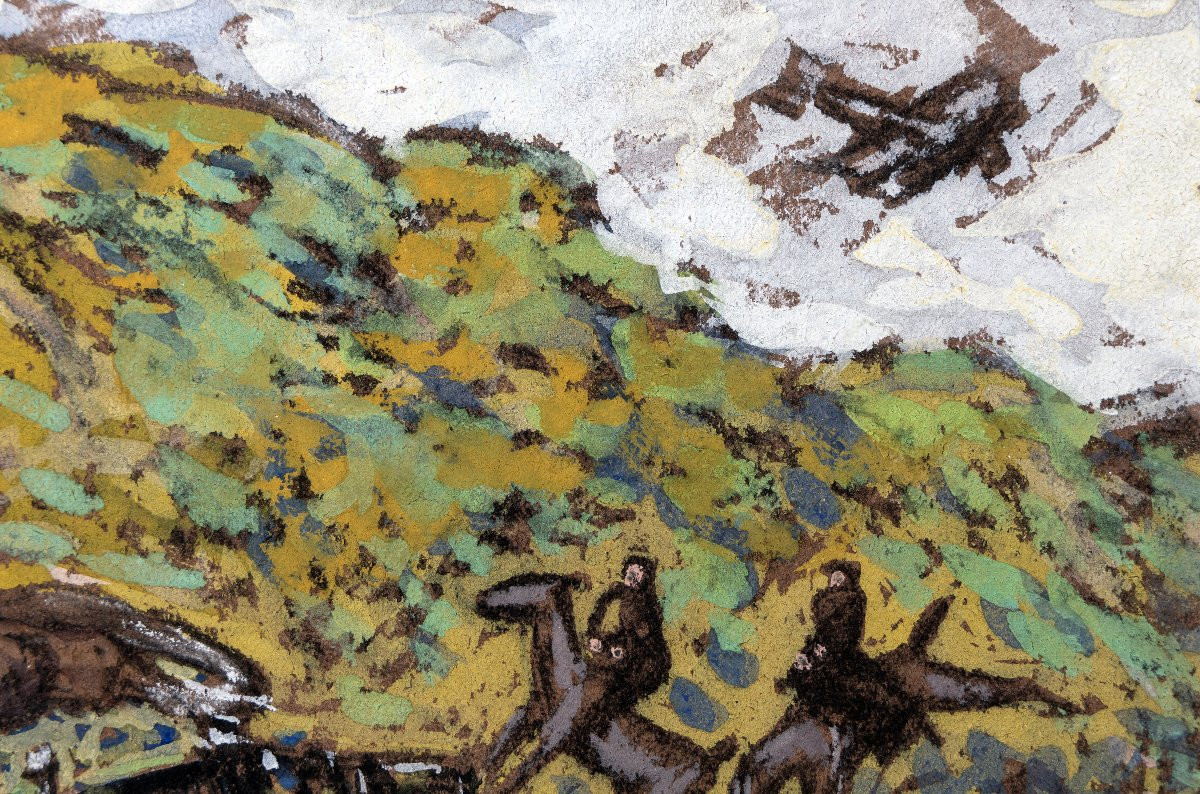Pierre GATIER – Motocycliste et sa passagère sur la route – Gouache –  Vers 1925 -photo-3