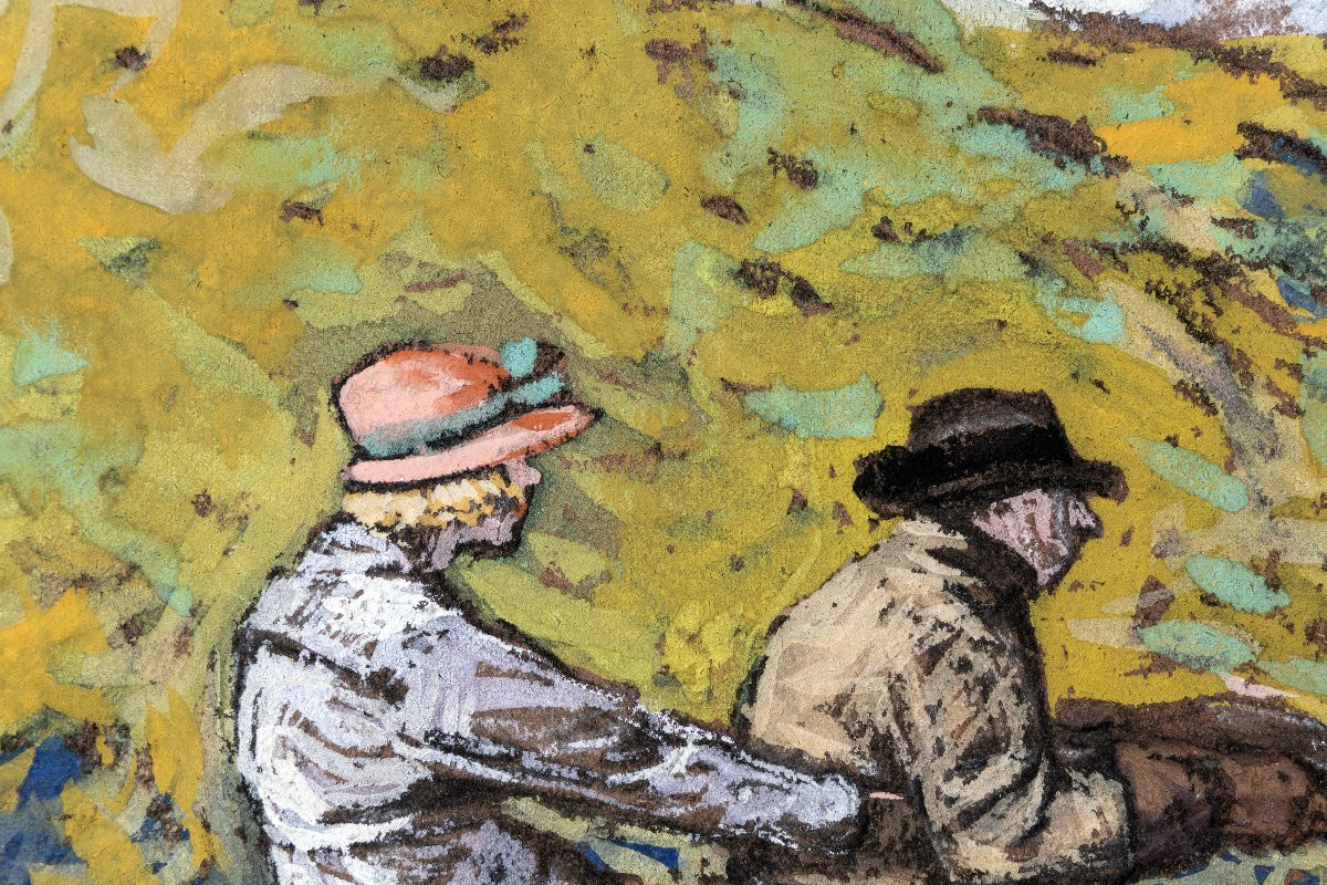 Pierre GATIER – Motocycliste et sa passagère sur la route – Gouache –  Vers 1925 -photo-4