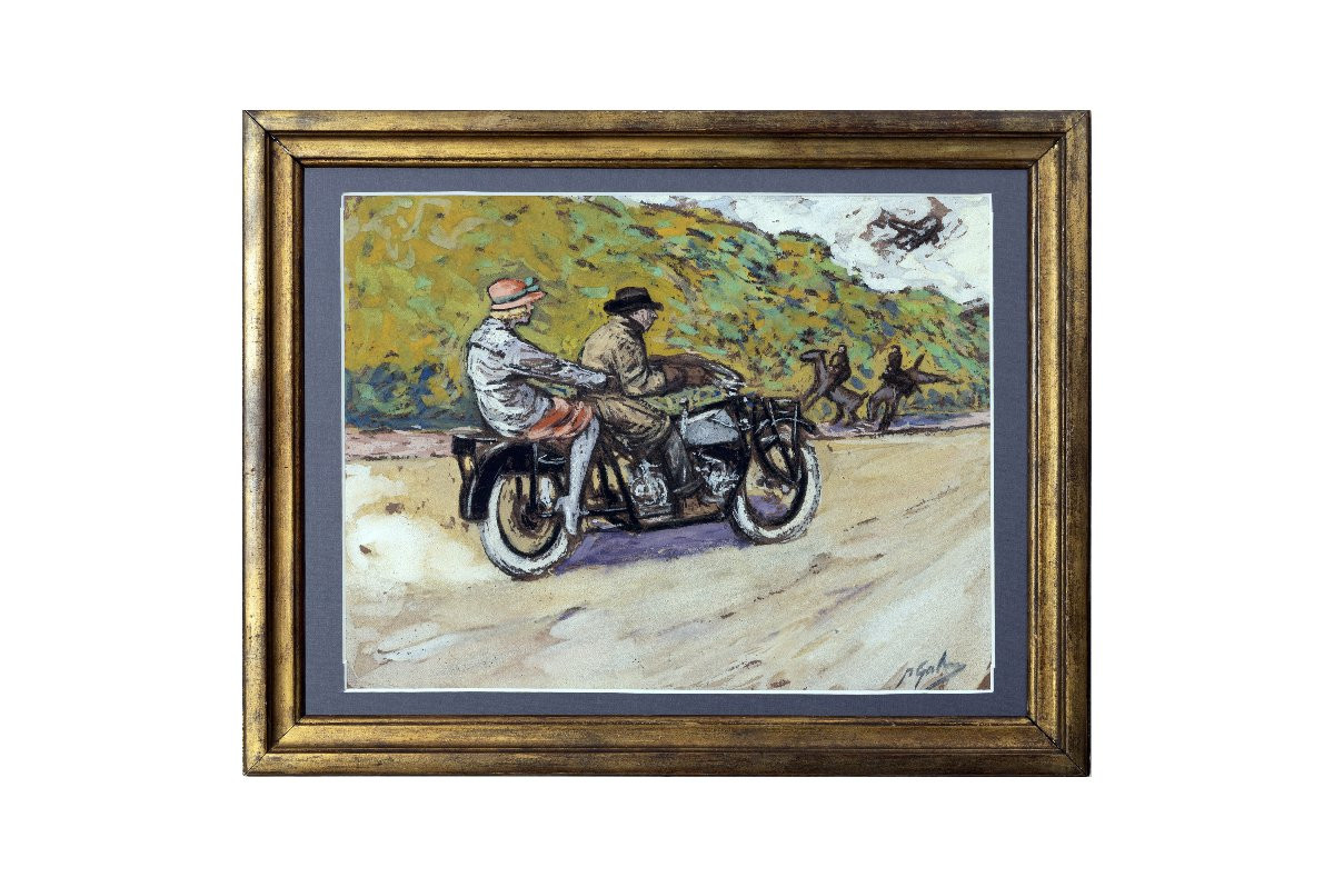 Pierre GATIER – Motocycliste et sa passagère sur la route – Gouache –  Vers 1925 -photo-5