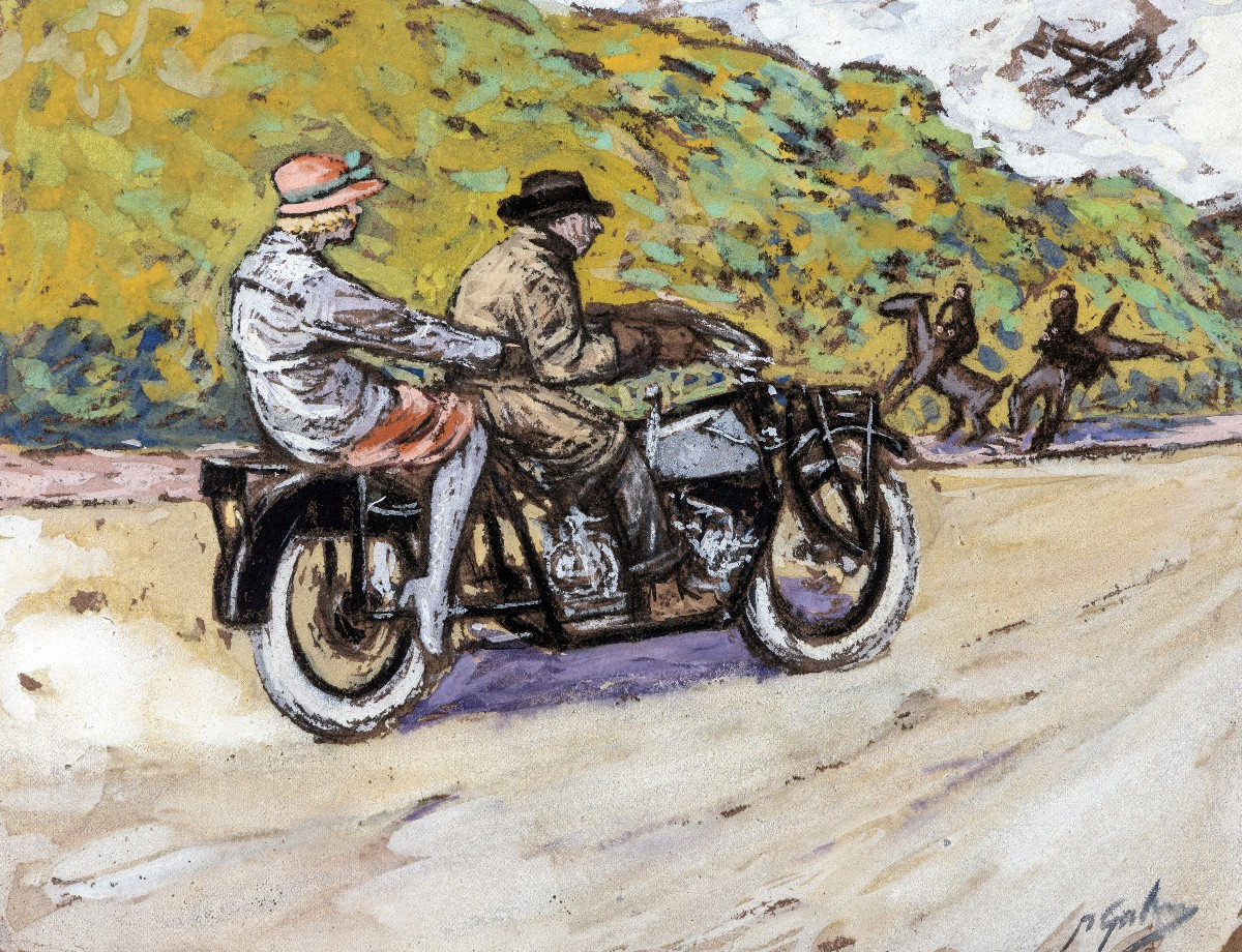 Pierre GATIER – Motocycliste et sa passagère sur la route – Gouache –  Vers 1925 