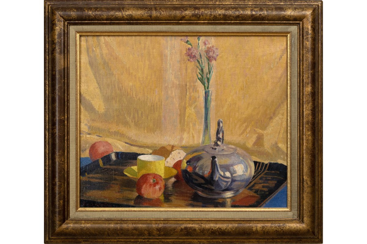 Fély-mouttet - Still Life With A Teapot - Oil On Canvas - Signed-photo-2