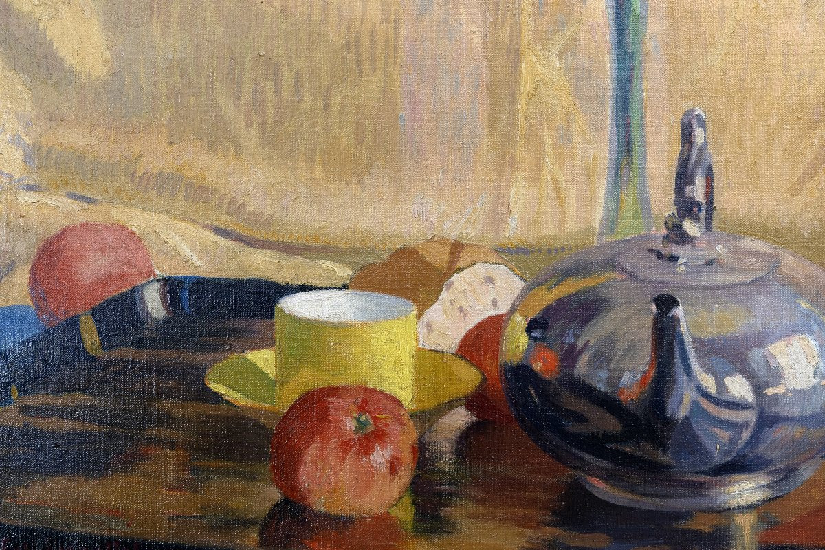 Fély-mouttet - Still Life With A Teapot - Oil On Canvas - Signed-photo-2