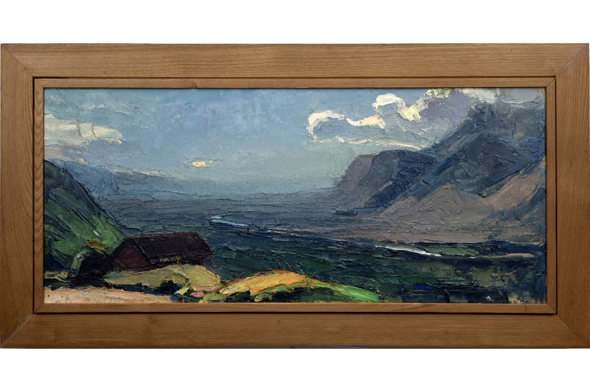 Pierre Calès - Isère Valley Towards Grenoble - Oil On Cardboard , 73 X 33 Cm-photo-2