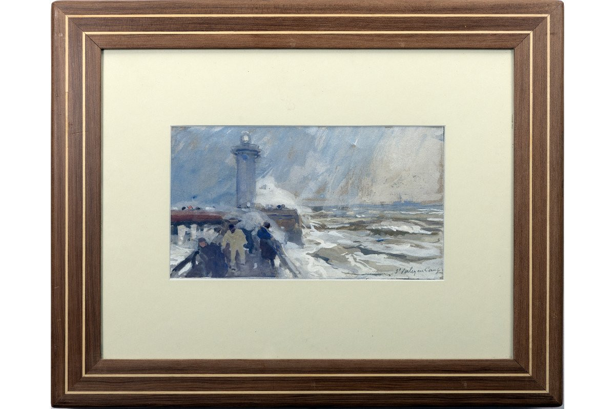 Eugène Louis GILLOT – Tempête sur le phare de Saint-Valéry-En-Caux – Gouache –  Signée -photo-2