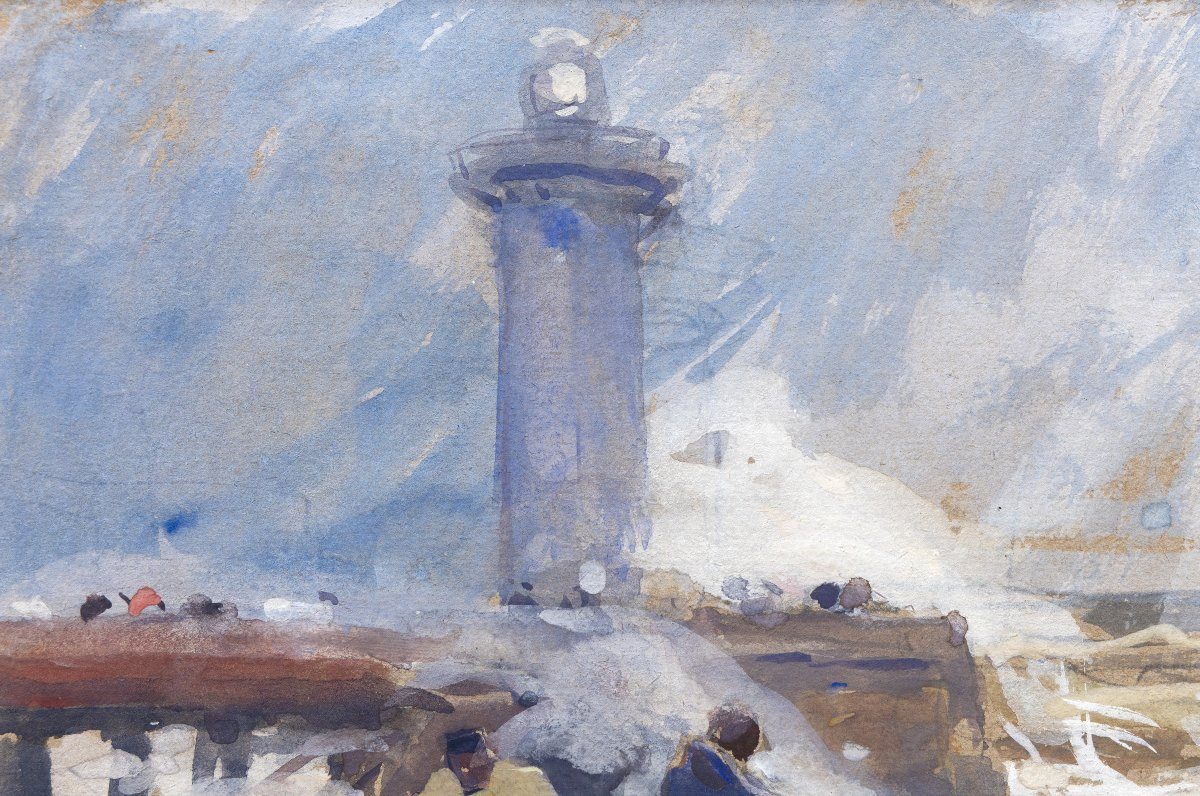 Eugène Louis GILLOT – Tempête sur le phare de Saint-Valéry-En-Caux – Gouache –  Signée -photo-3