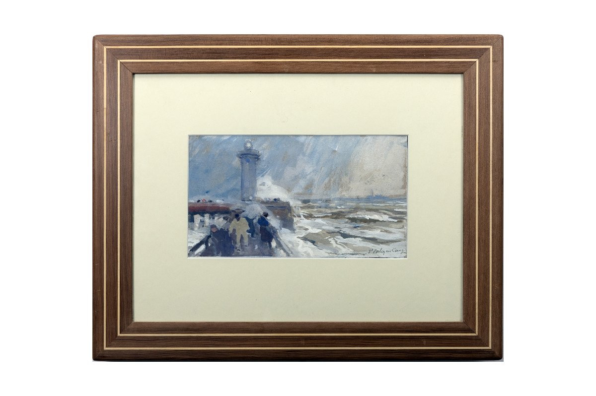 Eugène Louis GILLOT – Tempête sur le phare de Saint-Valéry-En-Caux – Gouache –  Signée -photo-5