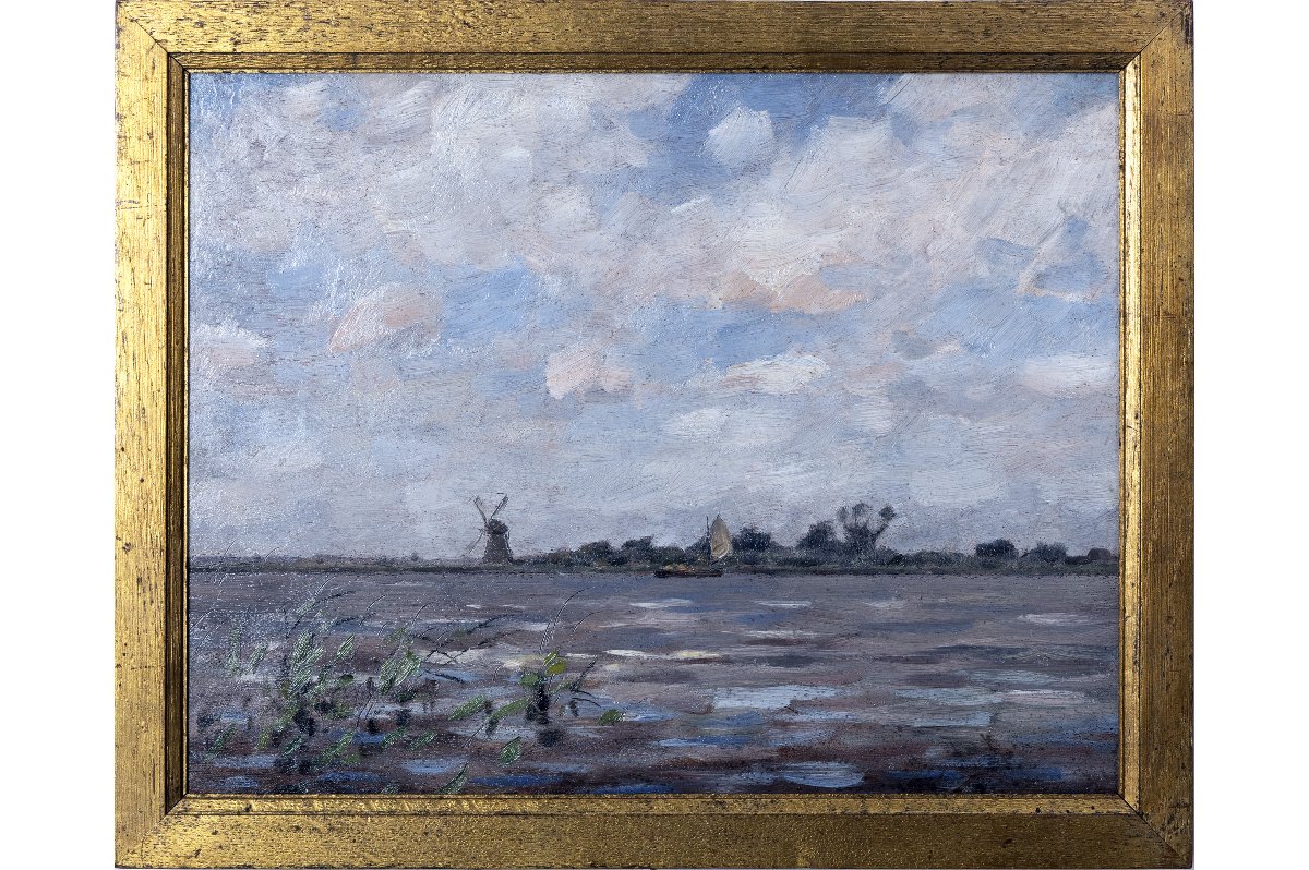 Alphonse STENGELIN – Paysage hollandais au moulin et à la barque – Huile sur panneau -photo-2