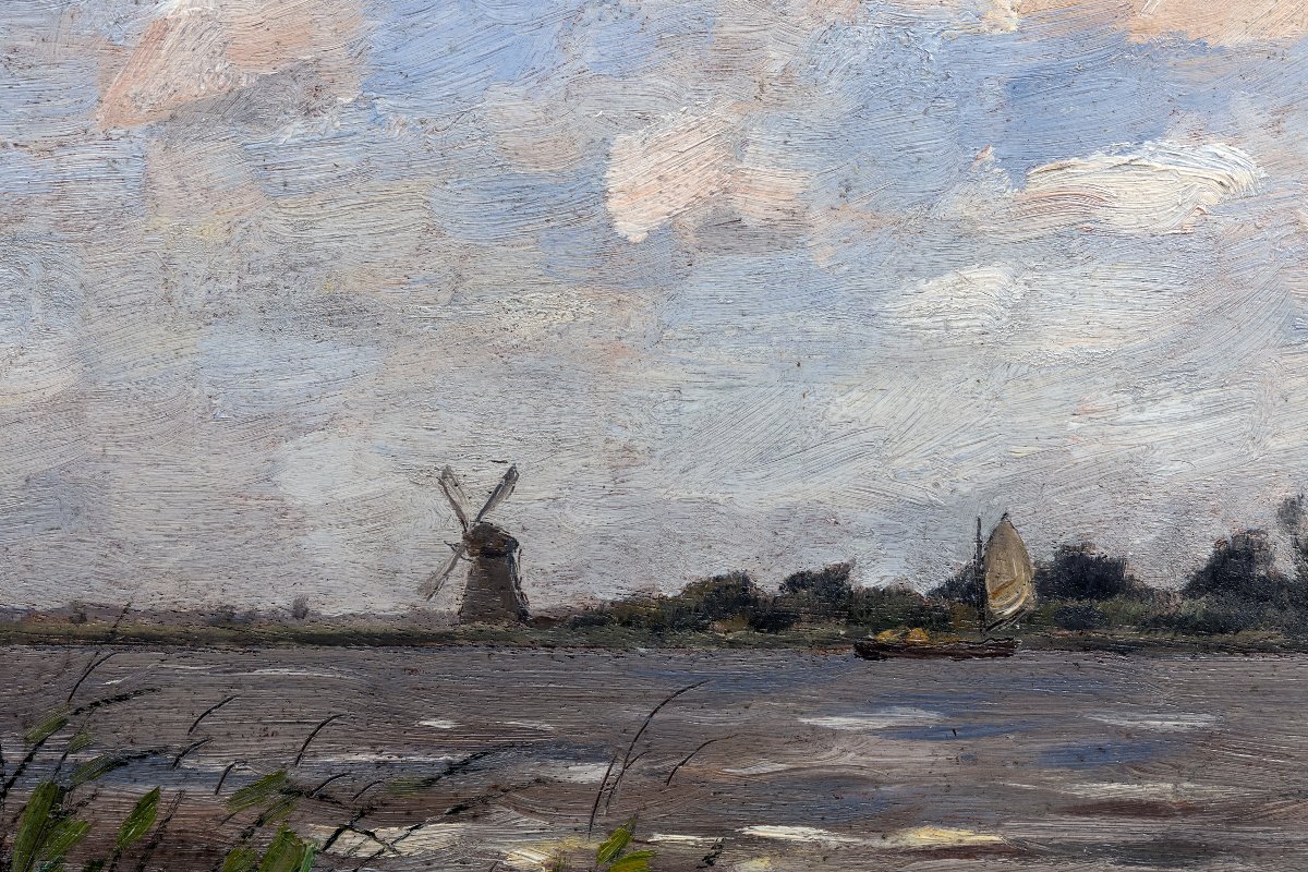 Alphonse STENGELIN – Paysage hollandais au moulin et à la barque – Huile sur panneau -photo-3