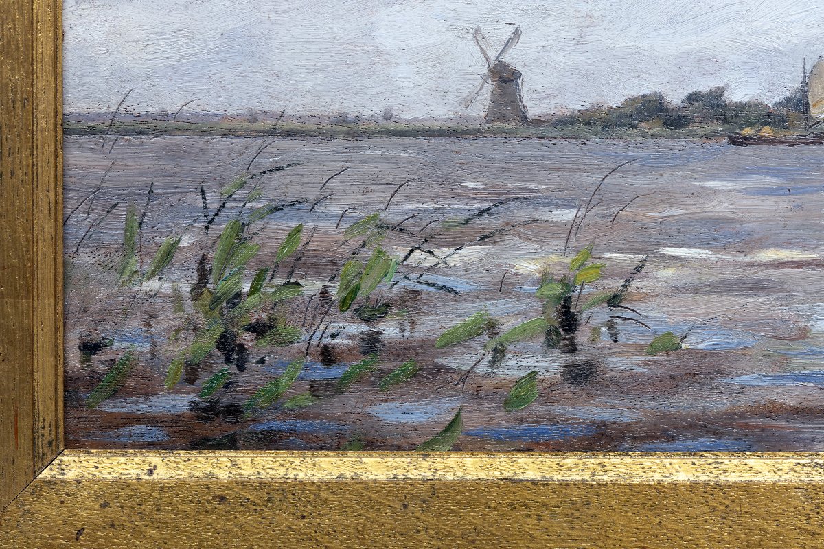Alphonse STENGELIN – Paysage hollandais au moulin et à la barque – Huile sur panneau -photo-1