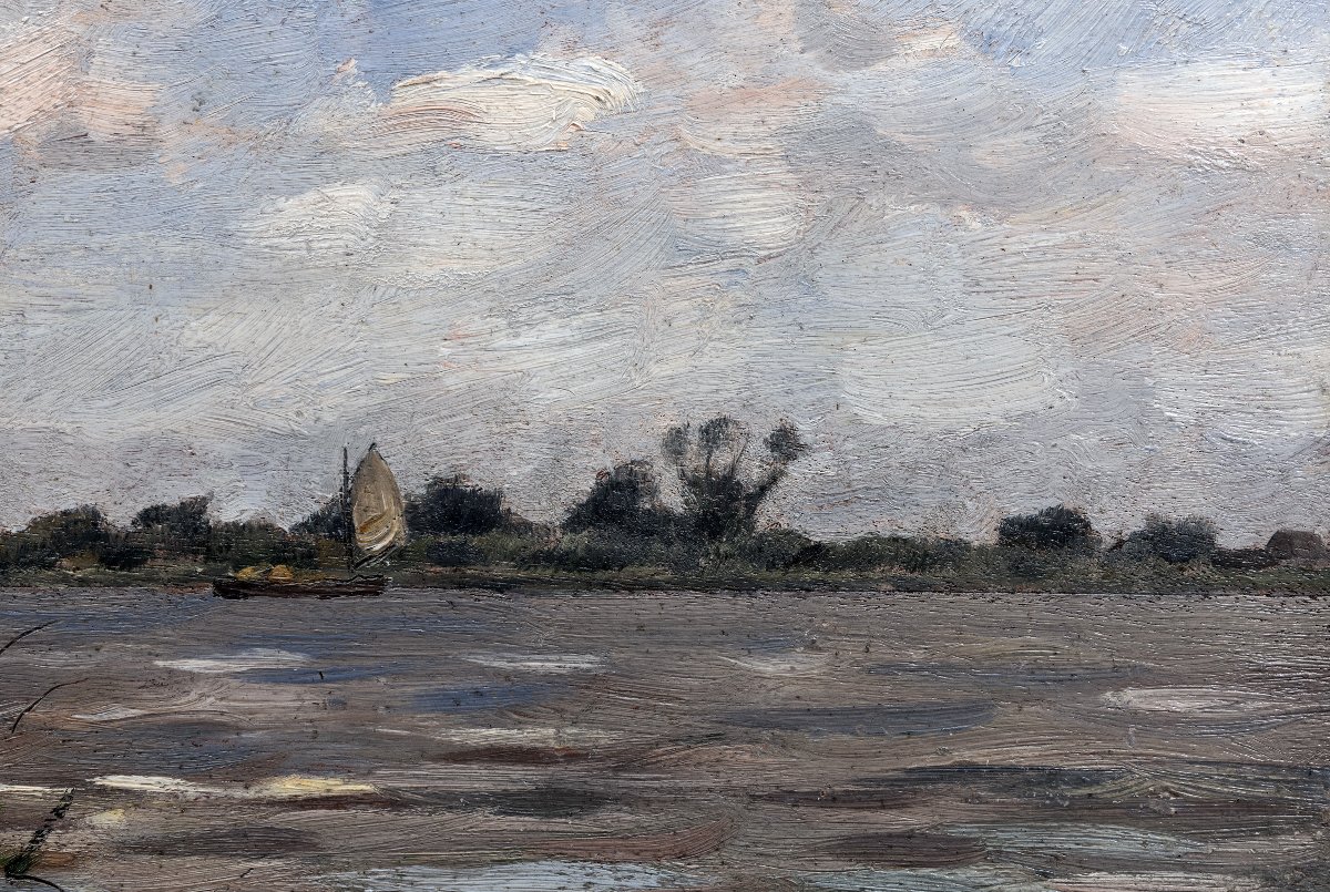 Alphonse STENGELIN – Paysage hollandais au moulin et à la barque – Huile sur panneau -photo-2