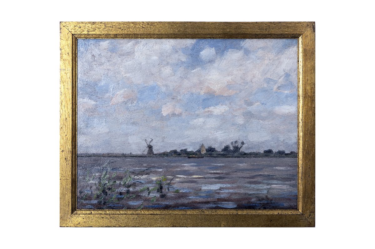 Alphonse STENGELIN – Paysage hollandais au moulin et à la barque – Huile sur panneau -photo-4