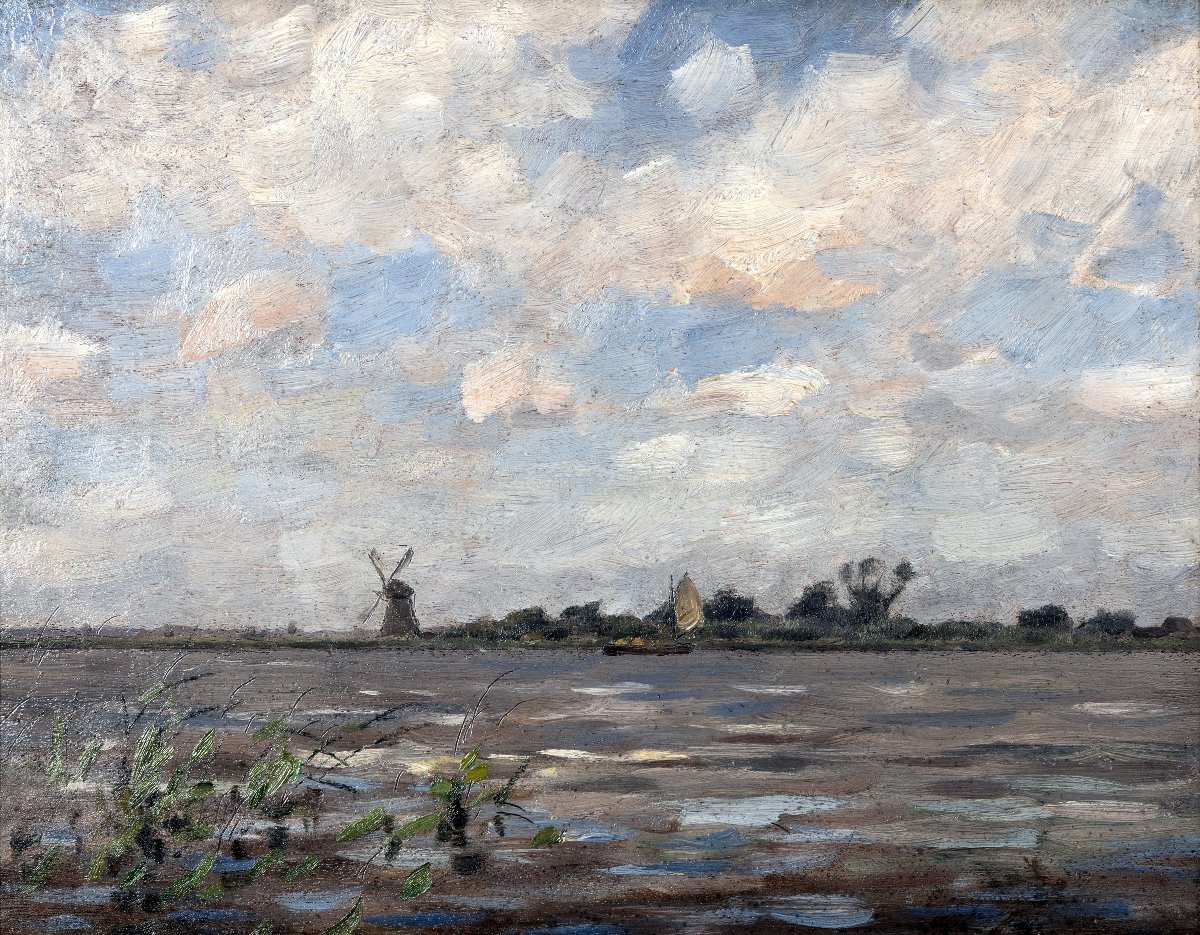 Alphonse STENGELIN – Paysage hollandais au moulin et à la barque – Huile sur panneau 