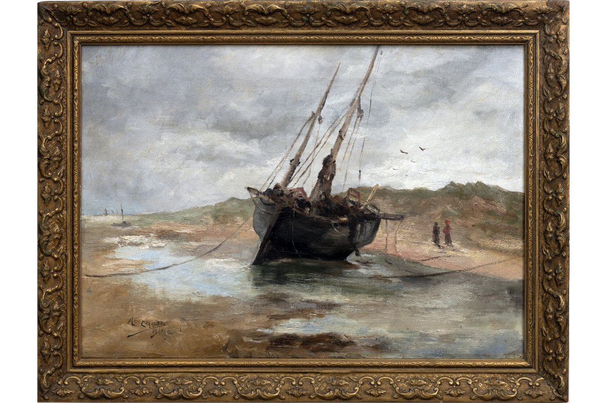 Marie CHARLES - Barque échouée à marée basse - Huile sur toile - Signée et datée 1900-photo-2