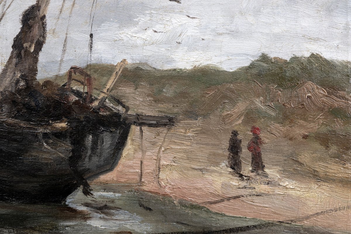 Marie CHARLES - Barque échouée à marée basse - Huile sur toile - Signée et datée 1900-photo-2