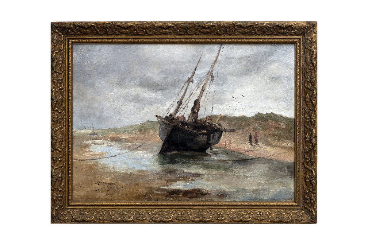 Marie CHARLES - Barque échouée à marée basse - Huile sur toile - Signée et datée 1900-photo-5