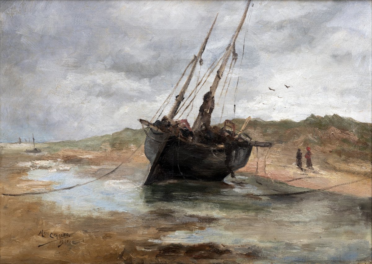 Marie CHARLES - Barque échouée à marée basse - Huile sur toile - Signée et datée 1900