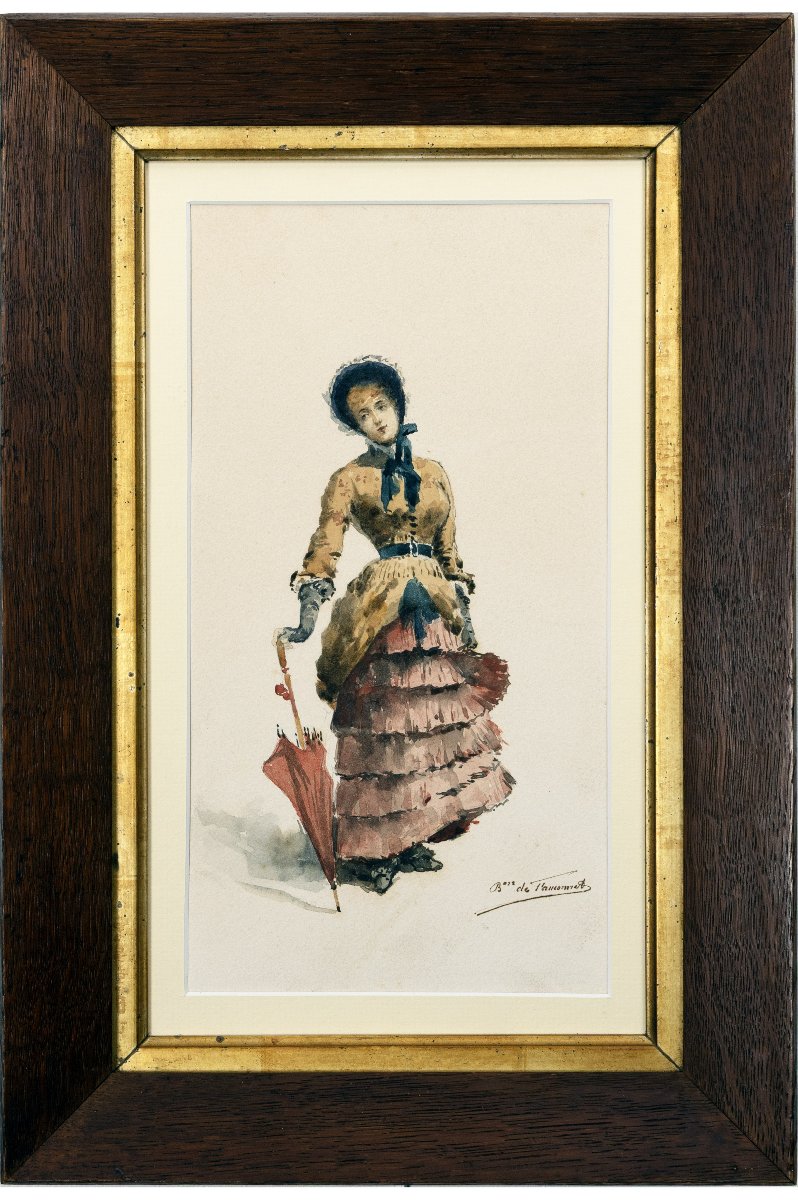 Élégante à l'ombrelle - Aquarelle - Vers 1880 - Signée-photo-2