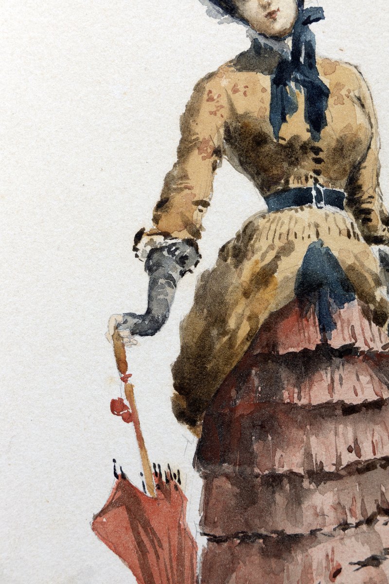 Élégante à l'ombrelle - Aquarelle - Vers 1880 - Signée-photo-2