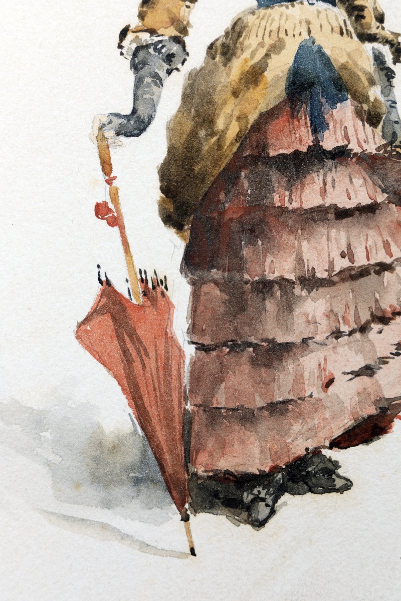 Élégante à l'ombrelle - Aquarelle - Vers 1880 - Signée-photo-3