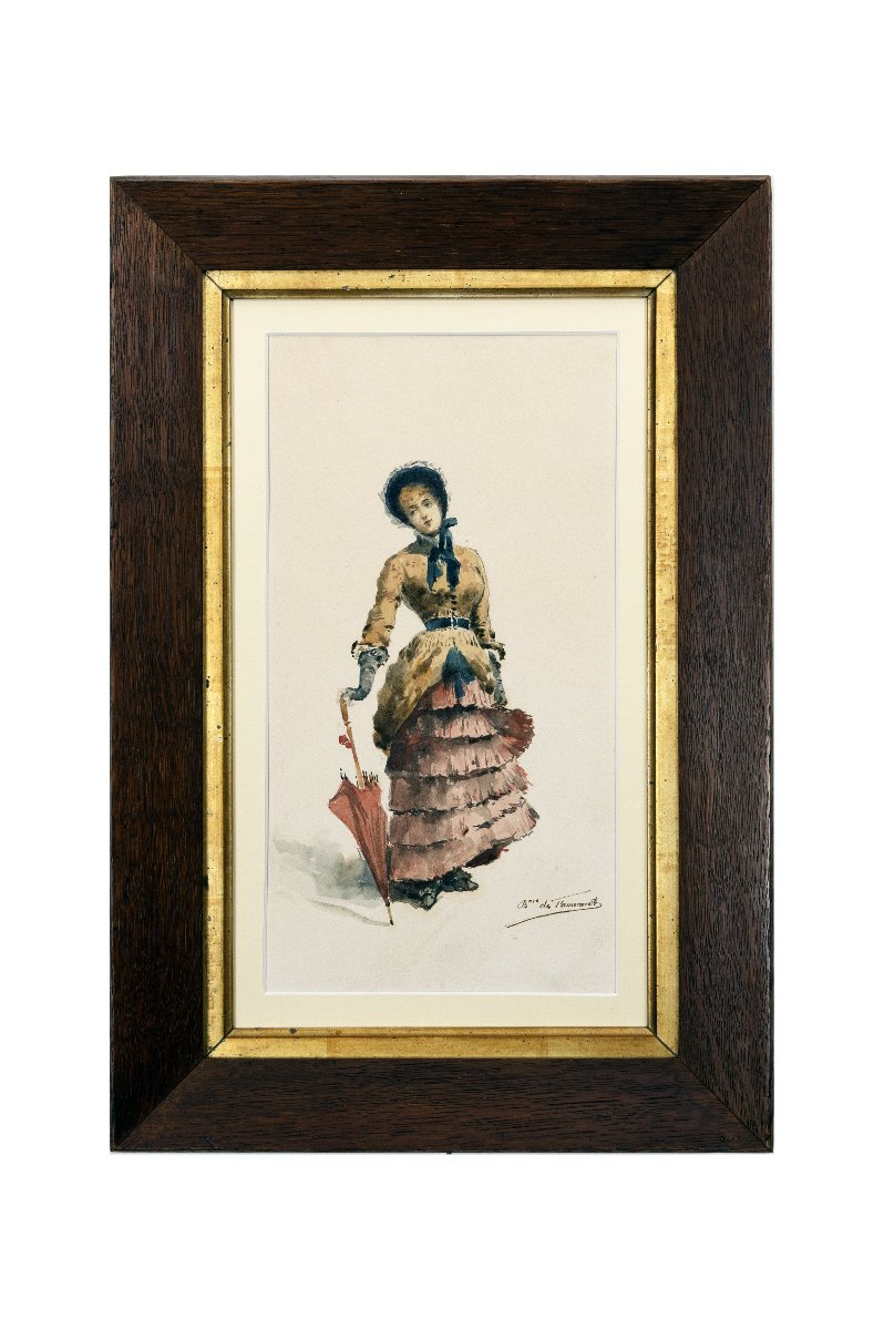 Élégante à l'ombrelle - Aquarelle - Vers 1880 - Signée-photo-5