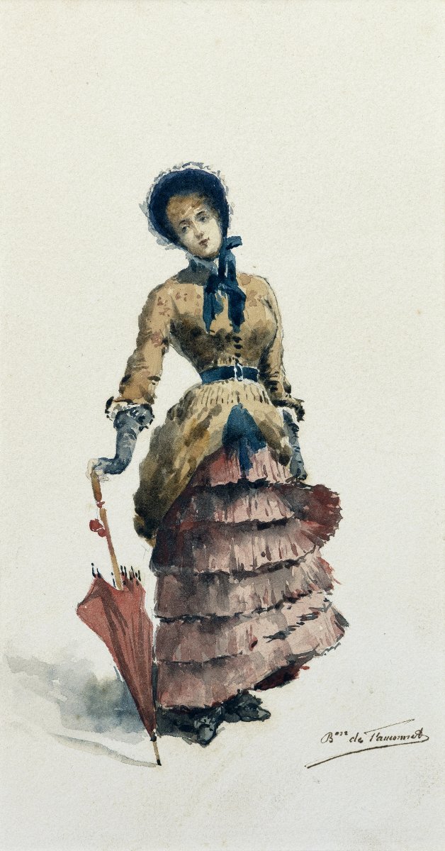 Élégante à l'ombrelle - Aquarelle - Vers 1880 - Signée