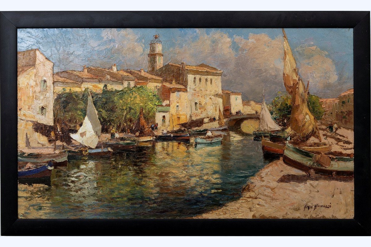 Mero Ameglio - Les Martigues - View Of The Busy Canal - Oil On Panel - Signed-photo-2