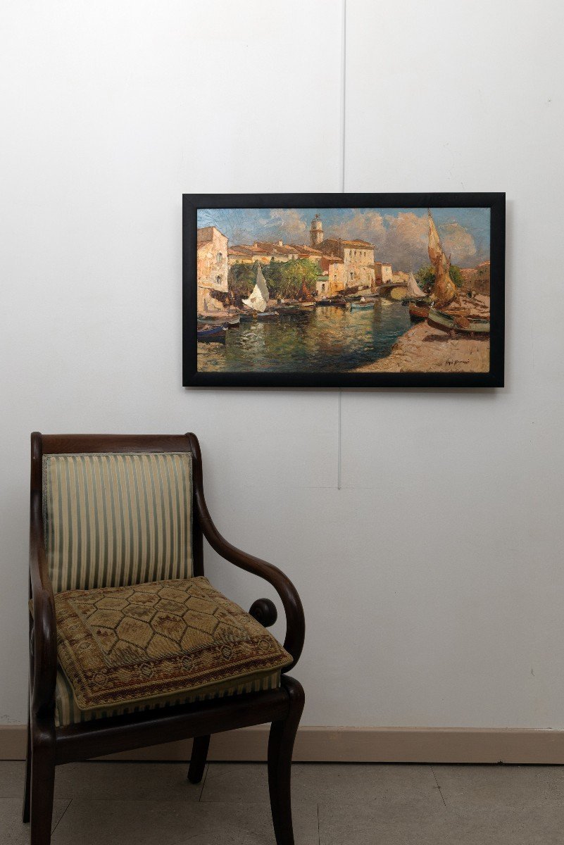 Mero Ameglio - Les Martigues - View Of The Busy Canal - Oil On Panel - Signed-photo-7