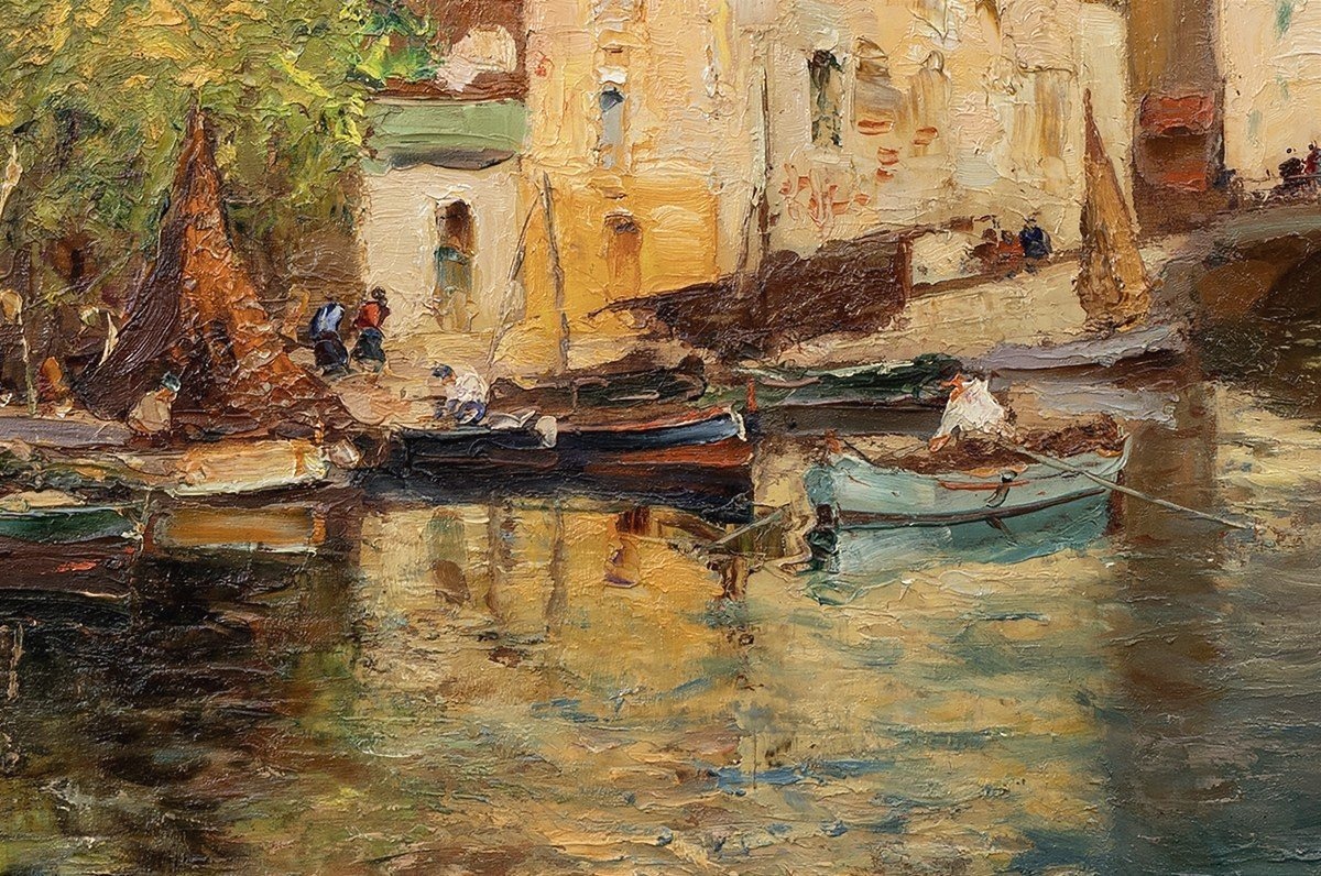 Mero Ameglio - Les Martigues - View Of The Busy Canal - Oil On Panel - Signed-photo-1