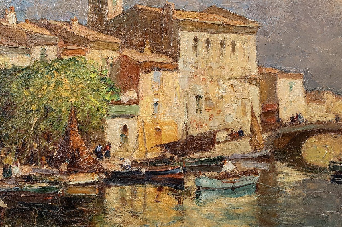 Mero Ameglio - Les Martigues - View Of The Busy Canal - Oil On Panel - Signed-photo-2