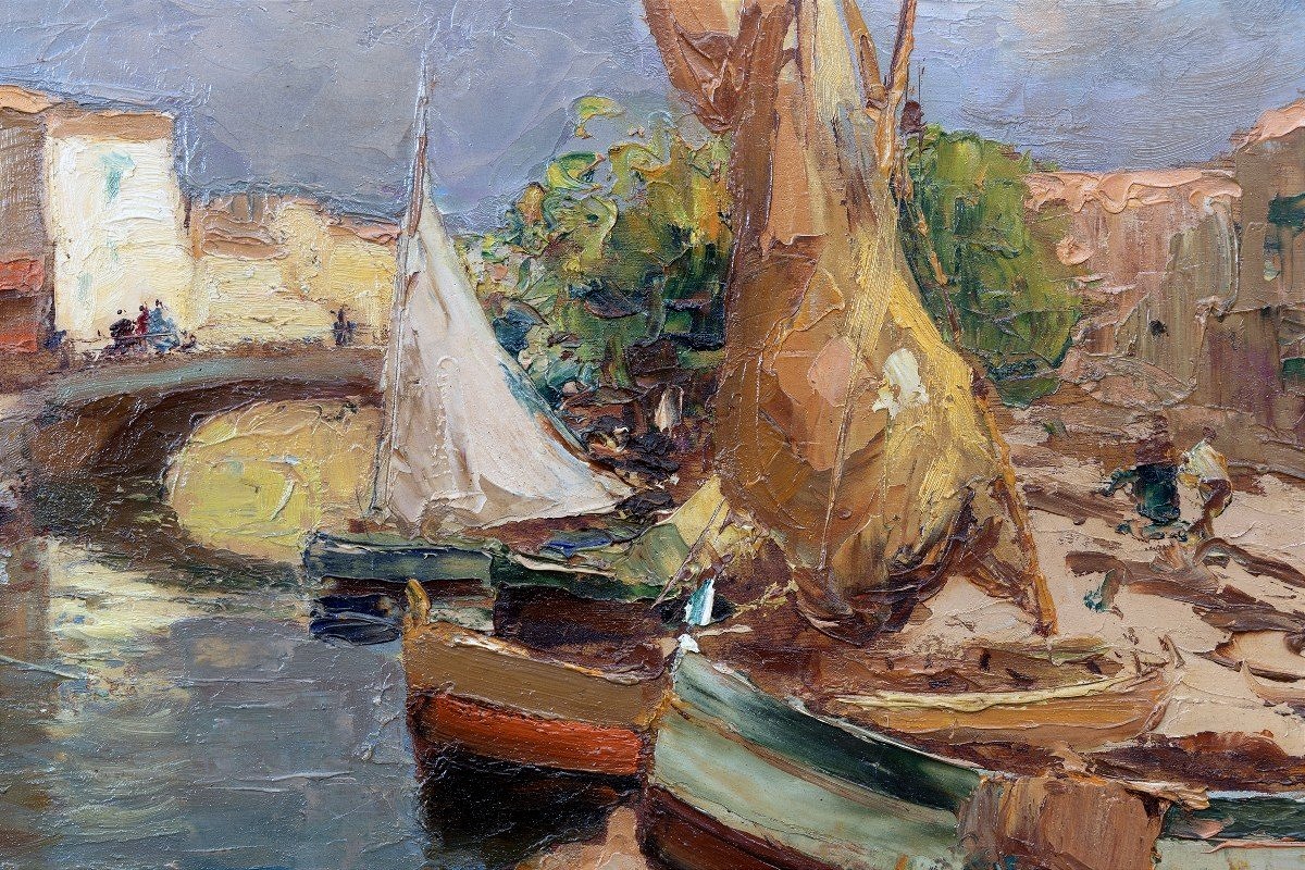 Mero Ameglio - Les Martigues - View Of The Busy Canal - Oil On Panel - Signed-photo-4