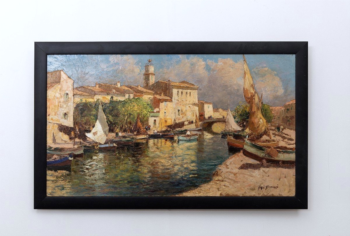 Mero Ameglio - Les Martigues - View Of The Busy Canal - Oil On Panel - Signed-photo-6