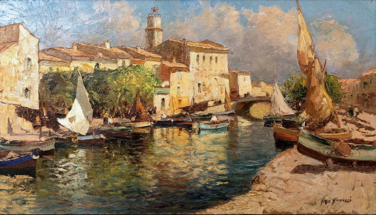 Mero Ameglio - Les Martigues - View Of The Busy Canal - Oil On Panel - Signed