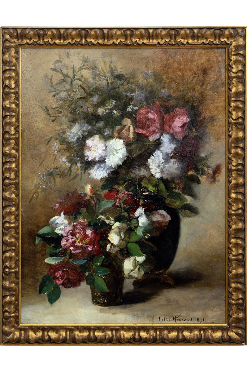Lillie Honnorat - Deux Bouquets De Roses Et Fleurs Des Champs - Oil On Canvas - 19th Century - Signed-photo-2