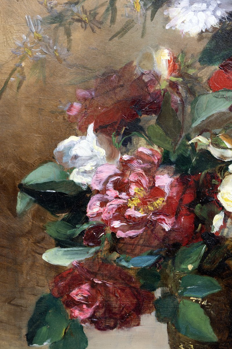 Lillie Honnorat - Deux Bouquets De Roses Et Fleurs Des Champs - Oil On Canvas - 19th Century - Signed-photo-1