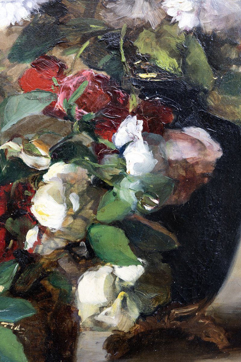 Lillie Honnorat - Deux Bouquets De Roses Et Fleurs Des Champs - Oil On Canvas - 19th Century - Signed-photo-2